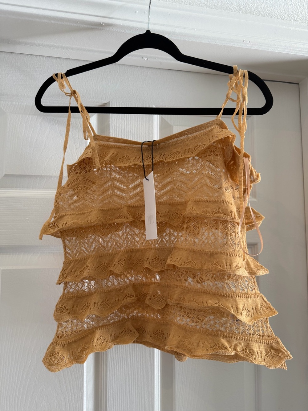 Zara Knit Lace Ruffle Cami Top Tan Beige Size S NWT